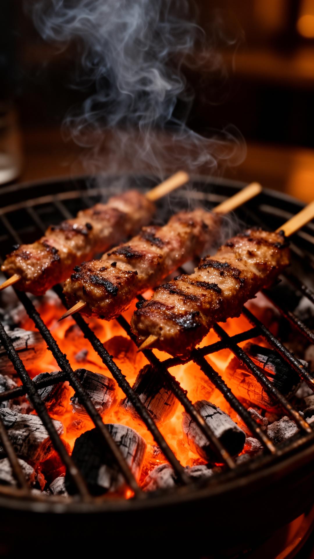 Brochettes grillées sur braises, ambiance grill